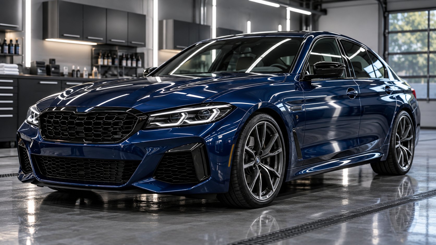 A glossy dark blue sedan in a professional detailing garage