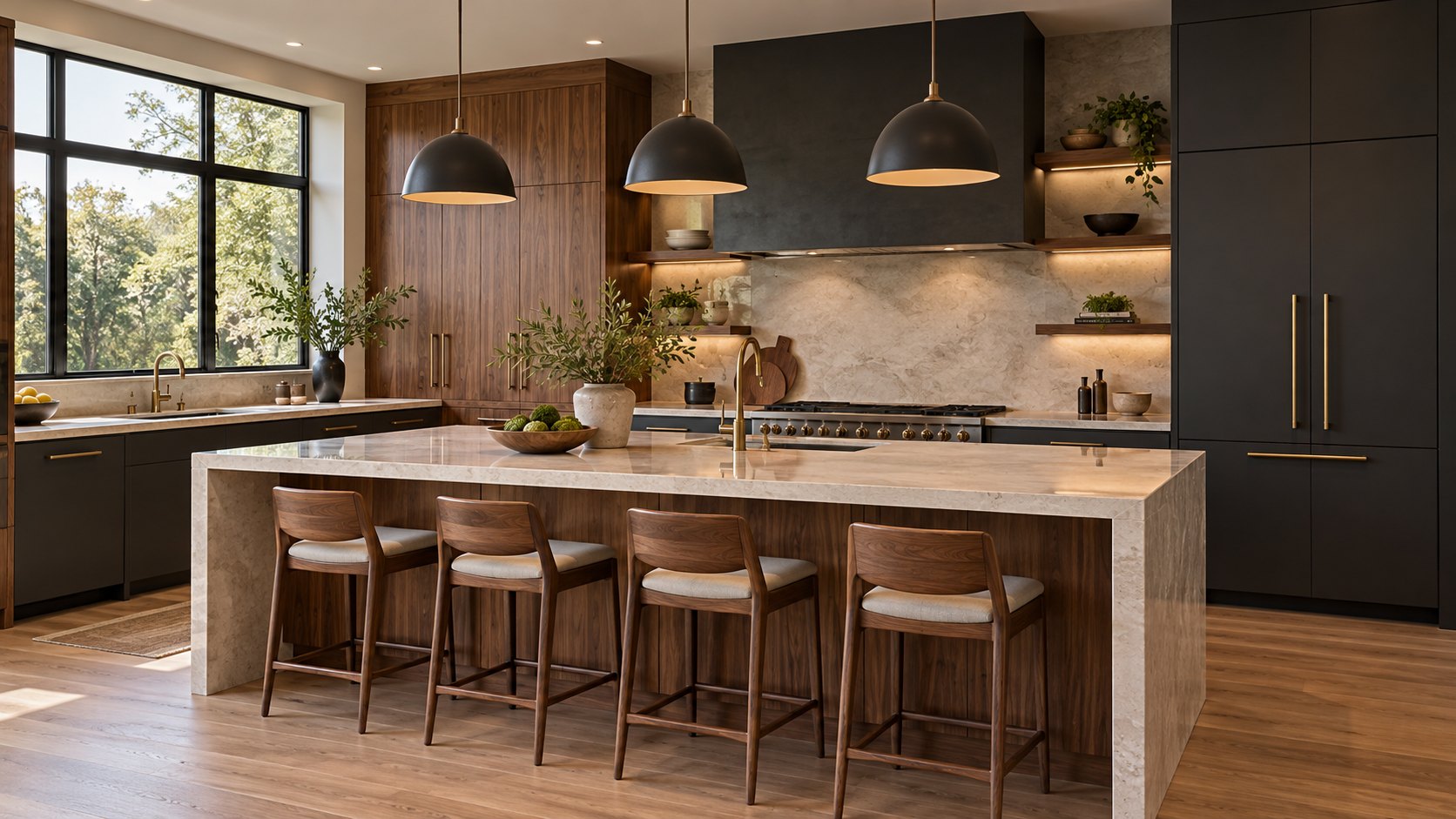 A modern renovated kitchen with warm cabinetry and a spacious island