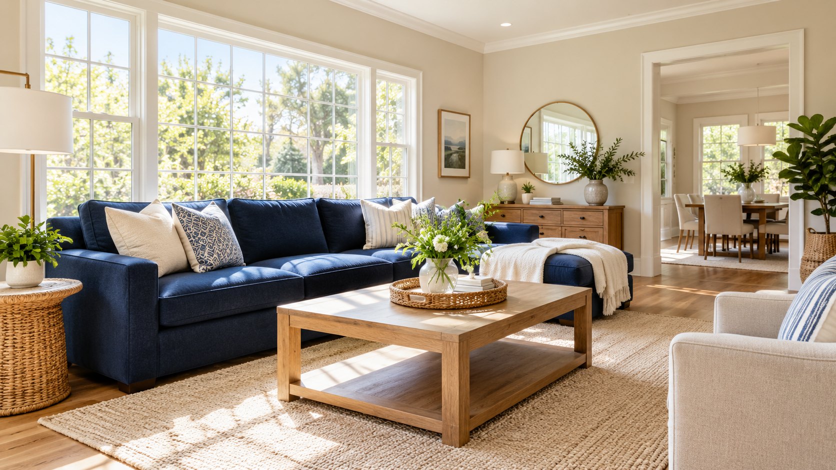 A clean, light-filled living room with a blue sofa and plants